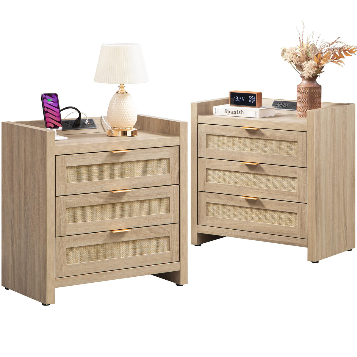 SICOTAS Rattan Nightstands Set of 2, Tall Bedside Table with 3 Drawers
