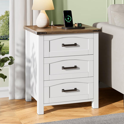 Decofy Farmhouse Nightstand Set of 2 with Charging Station, 2 Drawers