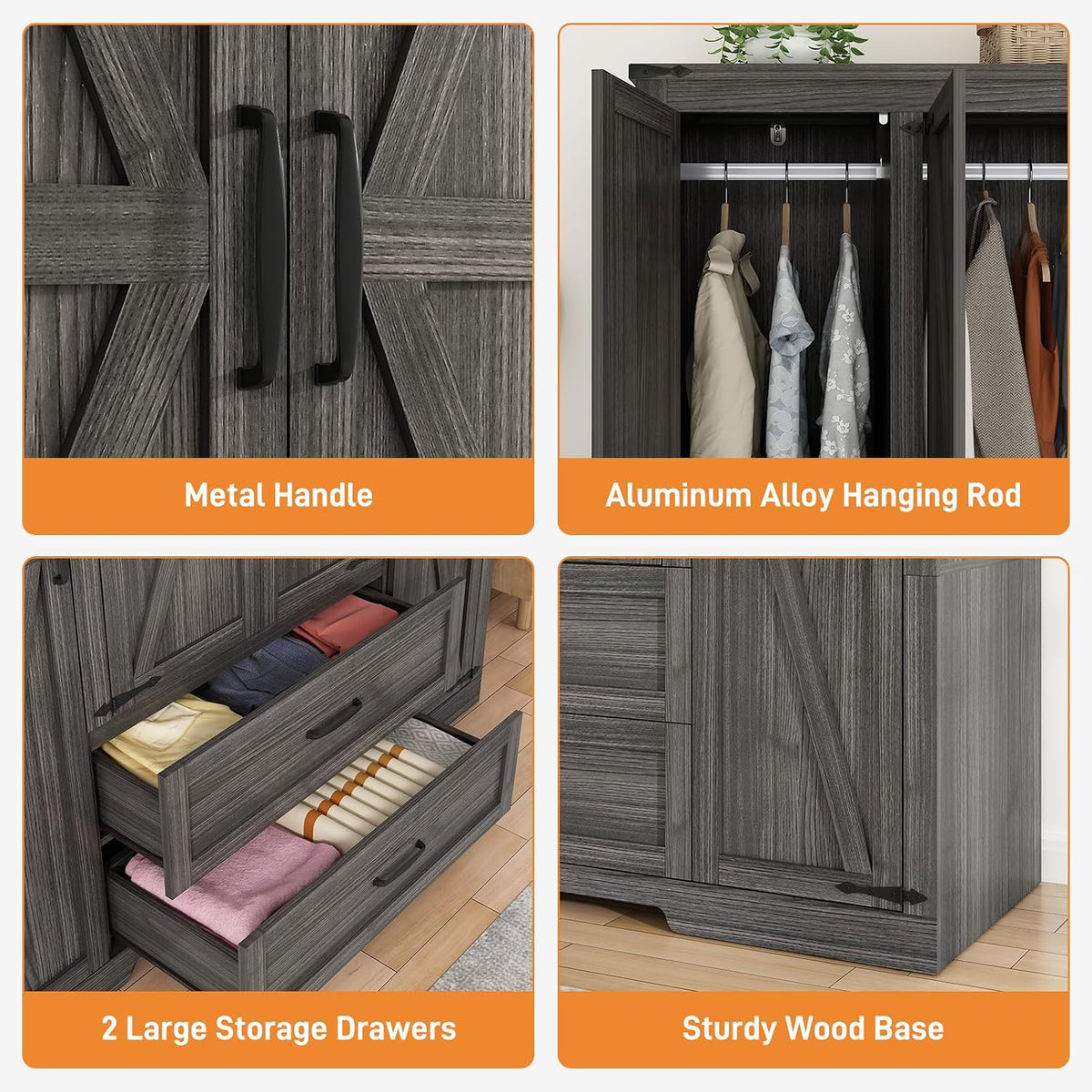 St.Mandyu Farmhouse Wardrobe Armoire Closet with 4 Doors and 2 Drawers, 70.1" Wooden Clothing Storage Cabinet, Freestanding Large Capacity Storage Wardrobe Armoire with Hanging Rod for Bedroom, Grey