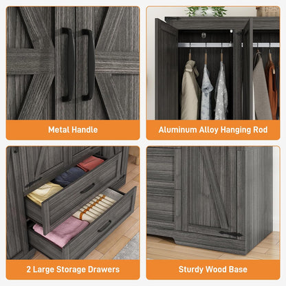 St.Mandyu Farmhouse Wardrobe Armoire Closet with 4 Doors and 2 Drawers, 70.1" Wooden Clothing Storage Cabinet, Freestanding Large Capacity Storage Wardrobe Armoire with Hanging Rod for Bedroom, Grey