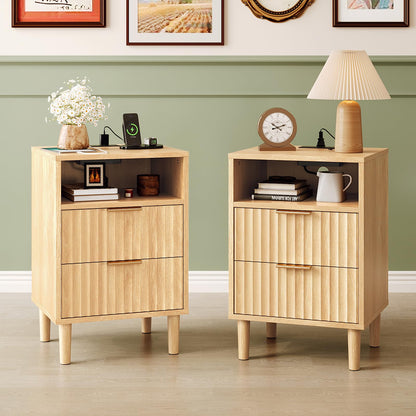 VINGLI Black Nightstands Set of 2 with Fabric Drawers, Fluted Nightstands with Charging Station, Night Stand Set of 2, Small Bedside Table, Bed Side Table/Night Stand with Charging Station for Bedroom