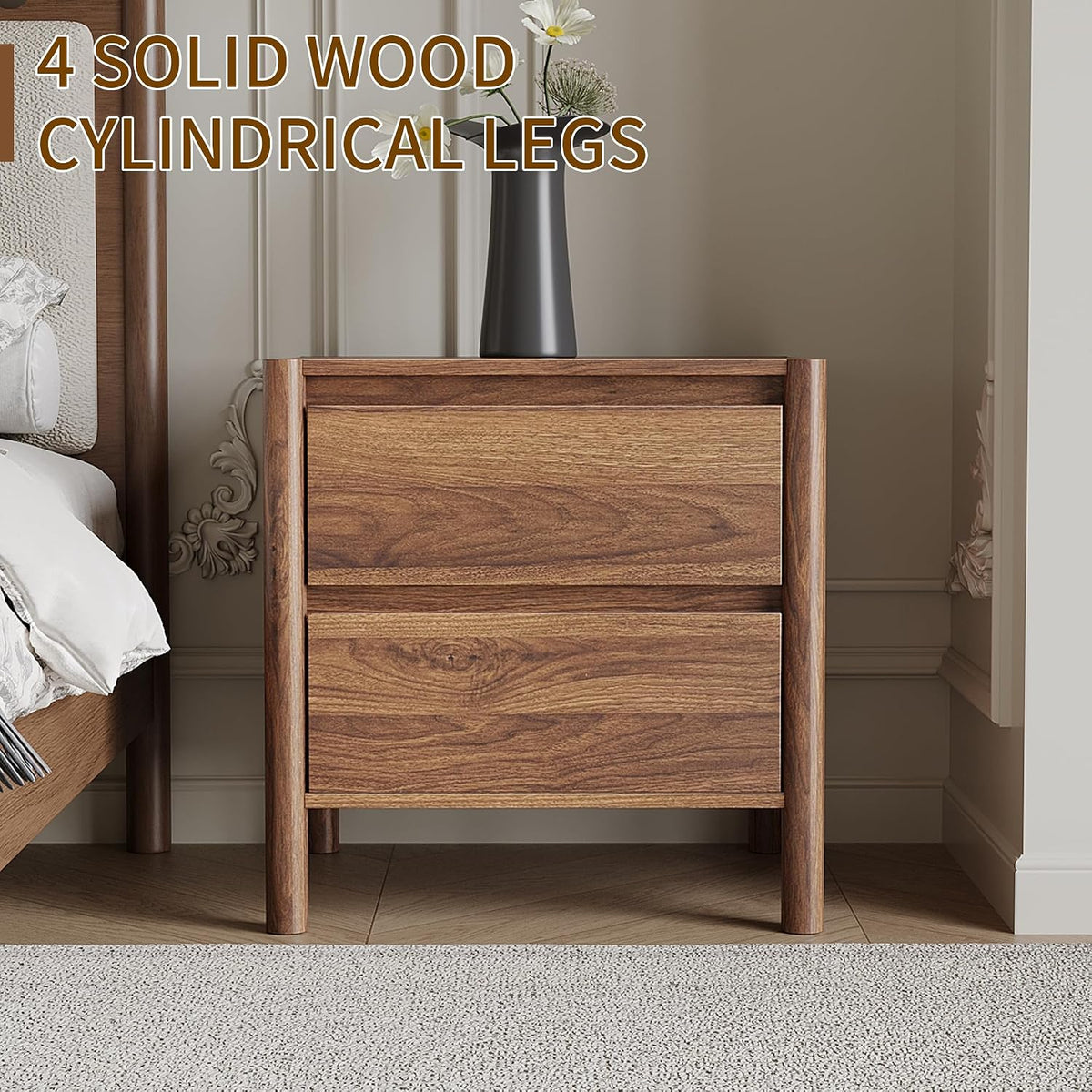 CHUWELL Mid Century Modern Walnut Nightstand Set of 2 for Bedroom