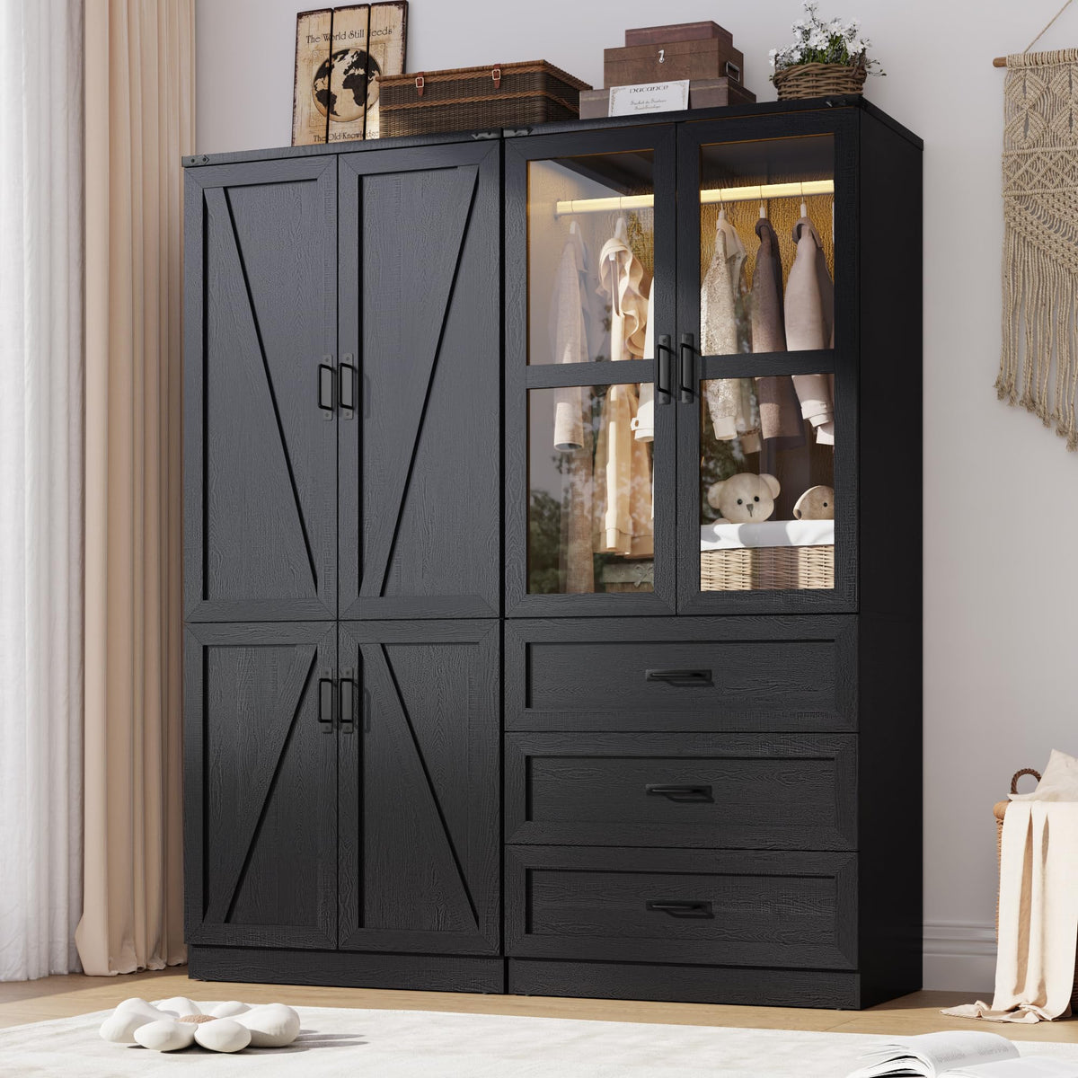 75" Tall Farmhouse 2 Doors Armoire Wardrobe Closet with 3 Drawers and LED,Freestanding Closet Wardrobe Cabinet for Bedroom with Hanging Rod,Wooden Armoire Storage Cabinet with Adjustable shelve(Black)