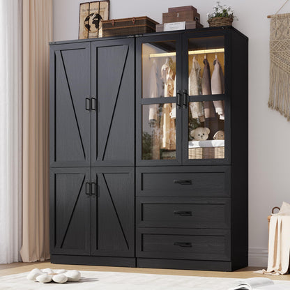 75" Tall Farmhouse 2 Doors Armoire Wardrobe Closet with 3 Drawers and LED,Freestanding Closet Wardrobe Cabinet for Bedroom with Hanging Rod,Wooden Armoire Storage Cabinet with Adjustable shelve(Black)