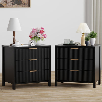 Fluted Nightstands Set of 2, 23.7'' Wide Night Stand with 3 Drawers, Mid-Century Modern Bedside Table with Handles, Wood End Table for Bedroom, Walnut