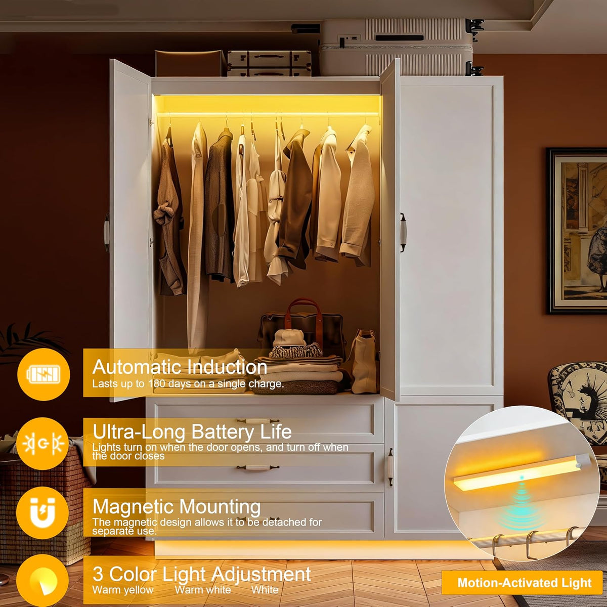 72" Wooden Armoire Wardrobe Closet with 3 Door Bedroom Armoire with LED Light 3 Drawers Large Modern Wardrobe Cabinet with Retro Ceramic Door Handles and Removable Hanging Rod White