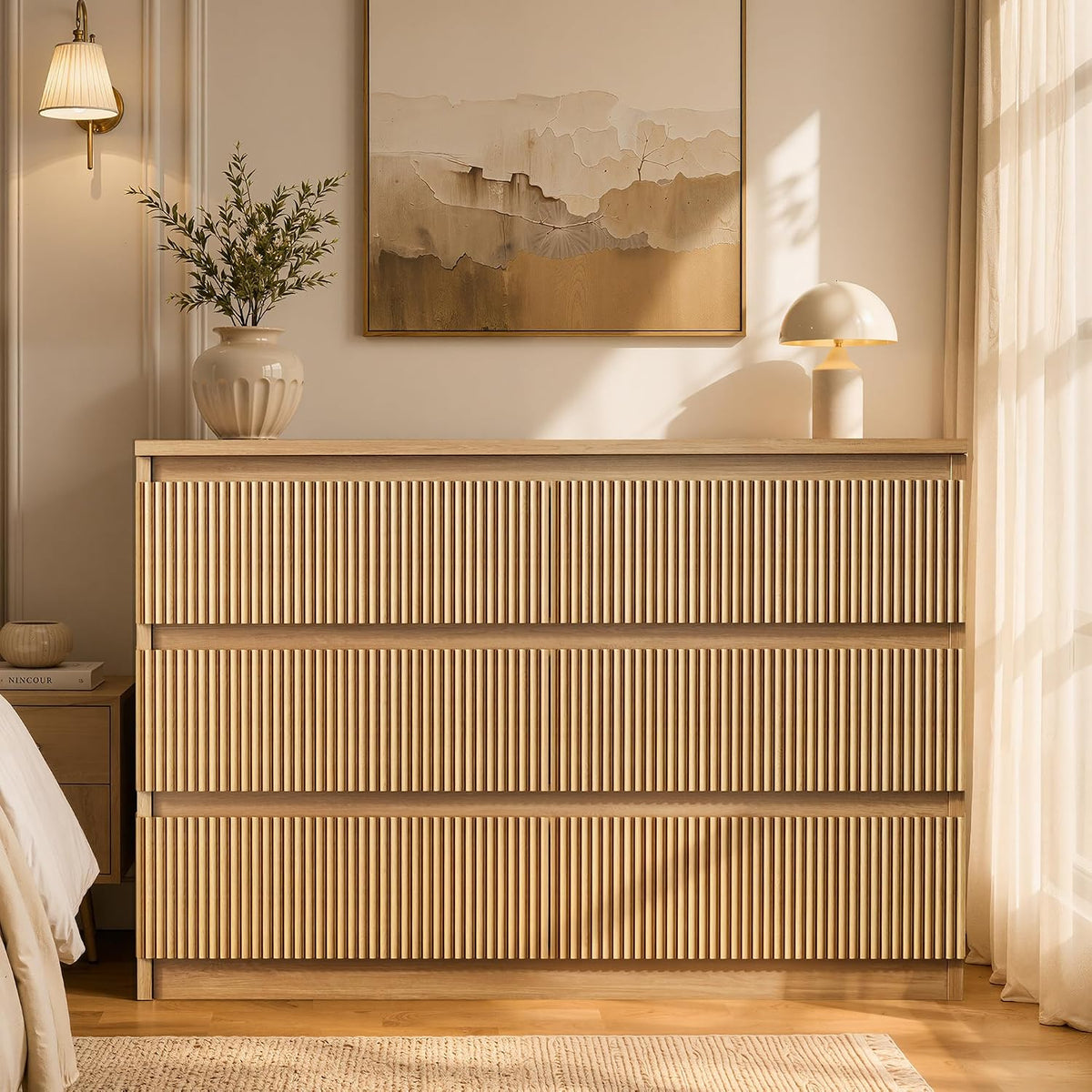 Jocoevol 6 Drawer Fluted Dresser, Modern Chest of Drawers for Bedroom with Hidden Handles, Wood Storage Organizer Cabinet for Living Room & Entryway, Natural Oak (15.7" D x 47.3" W x 31.6" H)