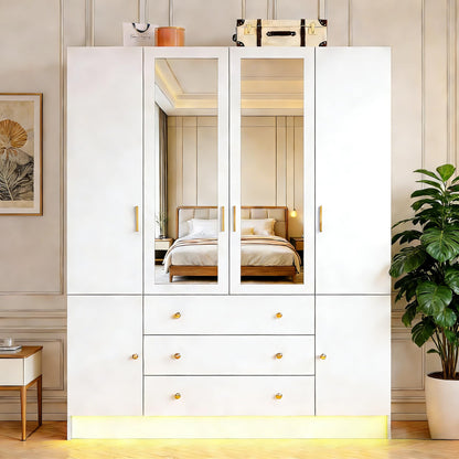 3 Doors Mirrored Wardrobe Armoire Closet with Drawers, LED Armoire Storage Cabinet with Adjustable Shelves & Hanging Rod, 74.8" H Freestanding Clothing Storage Cabinet for Bedroom, Black