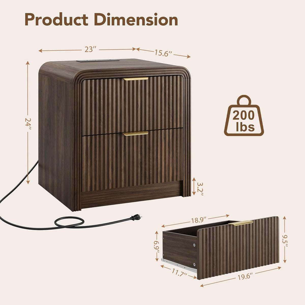 Decofy 23'' Wide Fluted Nightstand Set of 2 with Charging Station, Walnut