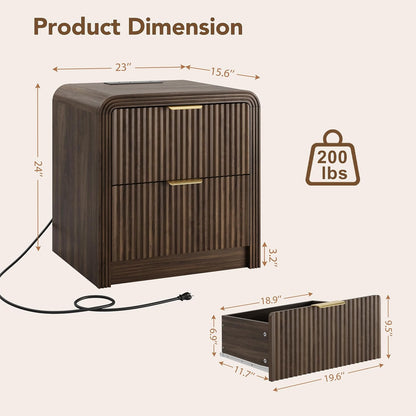 Decofy 23'' Wide Fluted Nightstand Set of 2 with Charging Station, Walnut