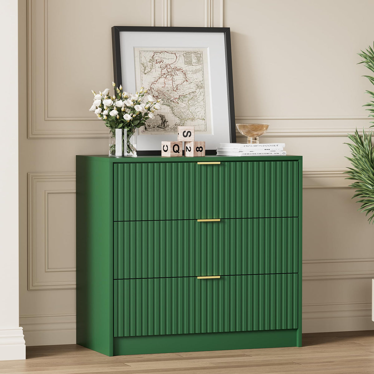 Furniway 55" Wide Green Dresser for Bedroom, Fluted 8 Drawer Dresser
