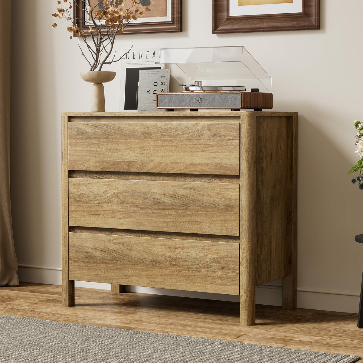 Furniway 31.5" Wide 3 Drawer Wood Dresser for Bedroom with Legs, Walnut