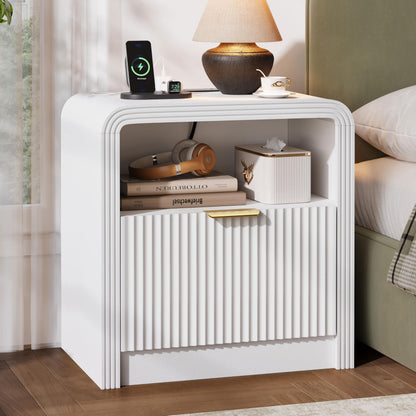 Decofy 23'' Wide Fluted Nightstand Set of 2 with Charging Station, Walnut