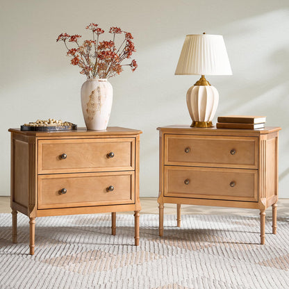 HULALA HOME Solid Wood End Table with Charging Station, Mid-Century Modern End Table with 2 Drawer, Adjustable Solid Wood Feet, Easy Assembly Set of 2, Walnut