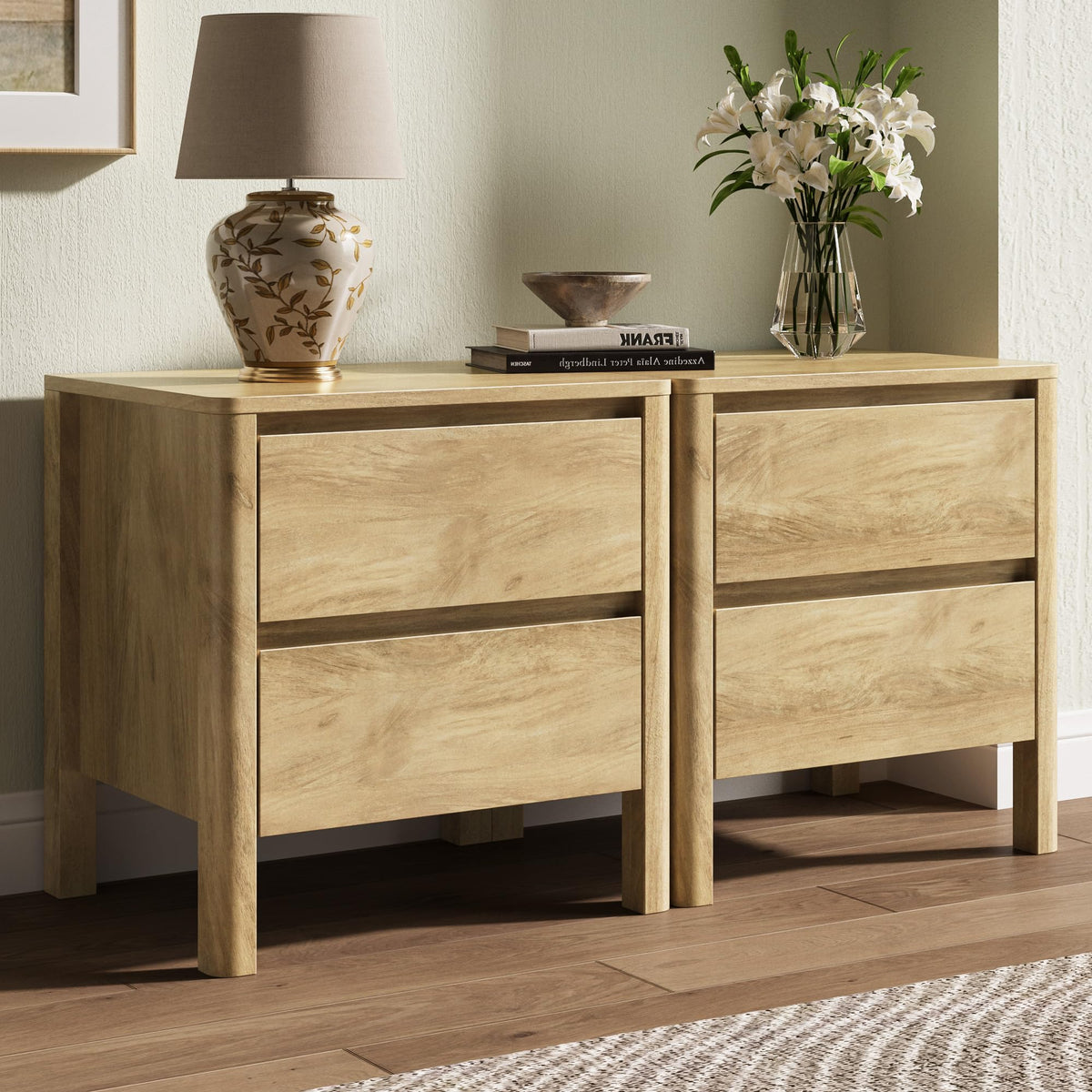 MAISONARIA Walnut Nightstands Set of 2, Mid Century Modern Bedside Table with Hidden Handles and Wood Legs, Wooden End Table with 2 Drawers for Bedroom