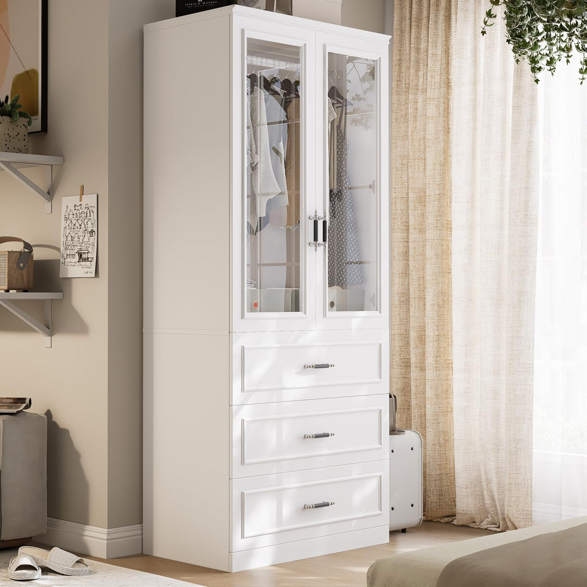 MEISSALIVVE Armoire Wardrobe Closet with 2 Door & 3 Drawers, 74.8" Large Wardrobe Cabinet with Hanging Rod, Freestanding Modern Bedroom Armoire Storage Cabinet, Black