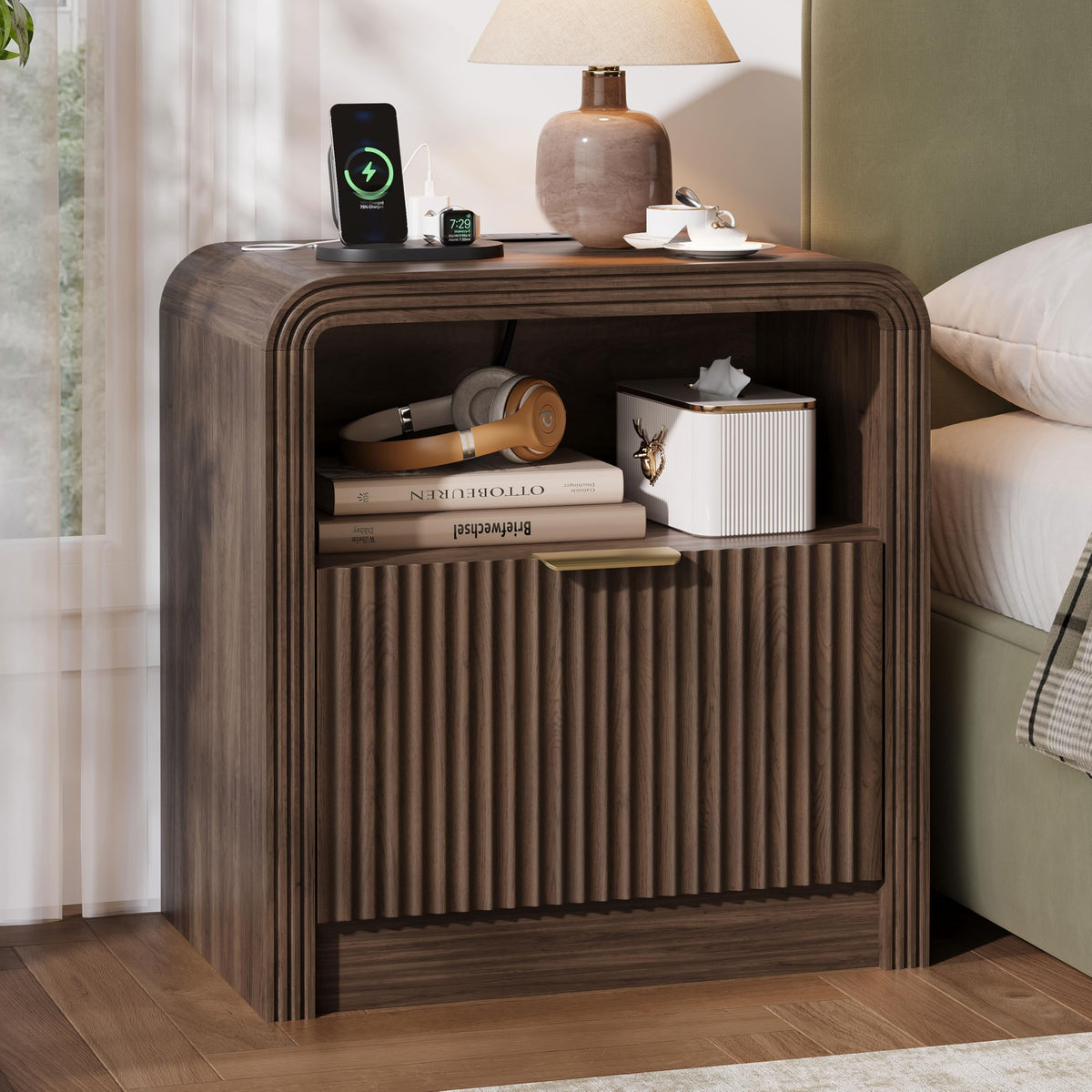 Decofy 23'' Wide Fluted Nightstand Set of 2 with Charging Station, Walnut