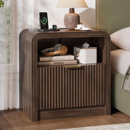 Decofy 23'' Wide Fluted Nightstand Set of 2 with Charging Station, Walnut