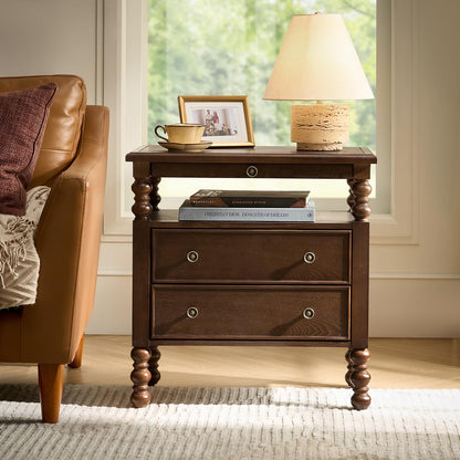 HULALA HOME 26" End Tables Set of 2 with Charging Station, Transitional 2 Drawer Wood Endtables with Pull-Out Shelf and Open Storage Space, Large Side Tables with Solid Wood Spindle Legs, Walnut