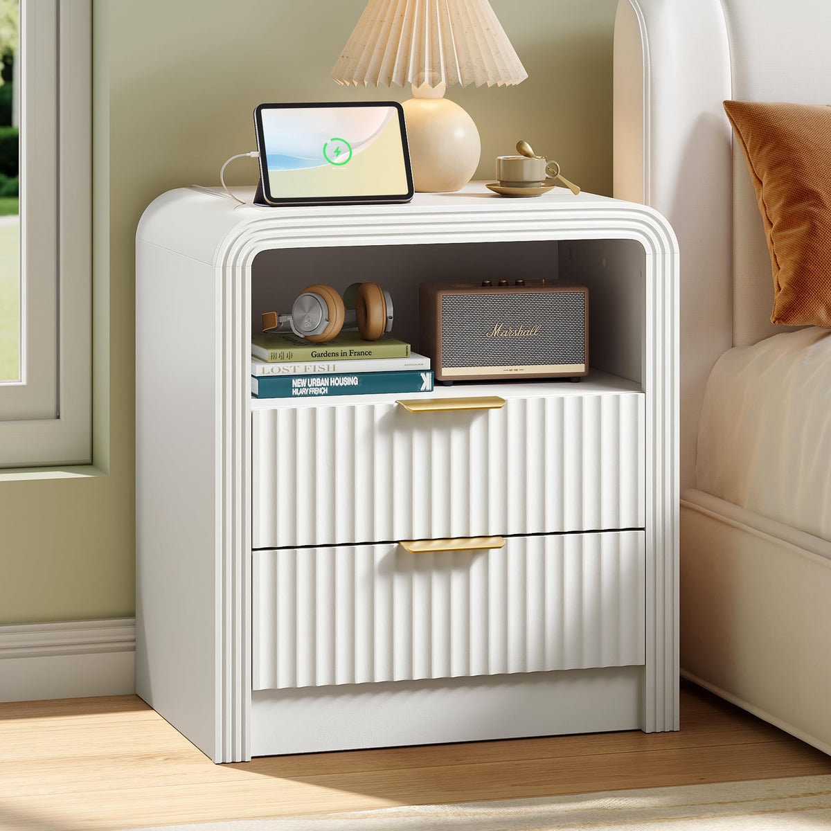 Decofy Fluted Nightstand Set of 2 with Charging Station, 2 Drawers, Walnut