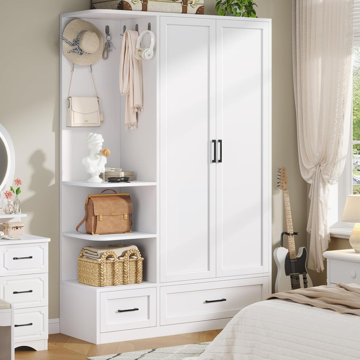 DynJest Armoire Wardrobe Closet with 2 Drawers, 70" Tall Clothing Storage Cabinet with Hanging Rod, 3 Open Shelves & 5 Hooks, 2 Doors Large Capacity Wooden Cabinet for Bedroom, White