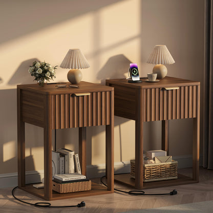 Akxomel Nightstand Set 2 with Charging Station Fluted Bedside Table Oak