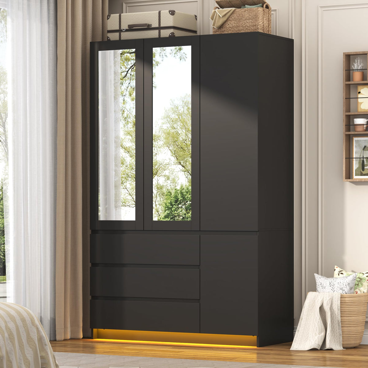 75"H Tall Modern 3 Doors Wooden Armoire Wardrobe Closet with 3 Drawers & 2 Mirror,Clothing Storage Cabinet with Hanging Rod,Bedroom Large Freestanding Armoires with Led Lights for Bedroom,White