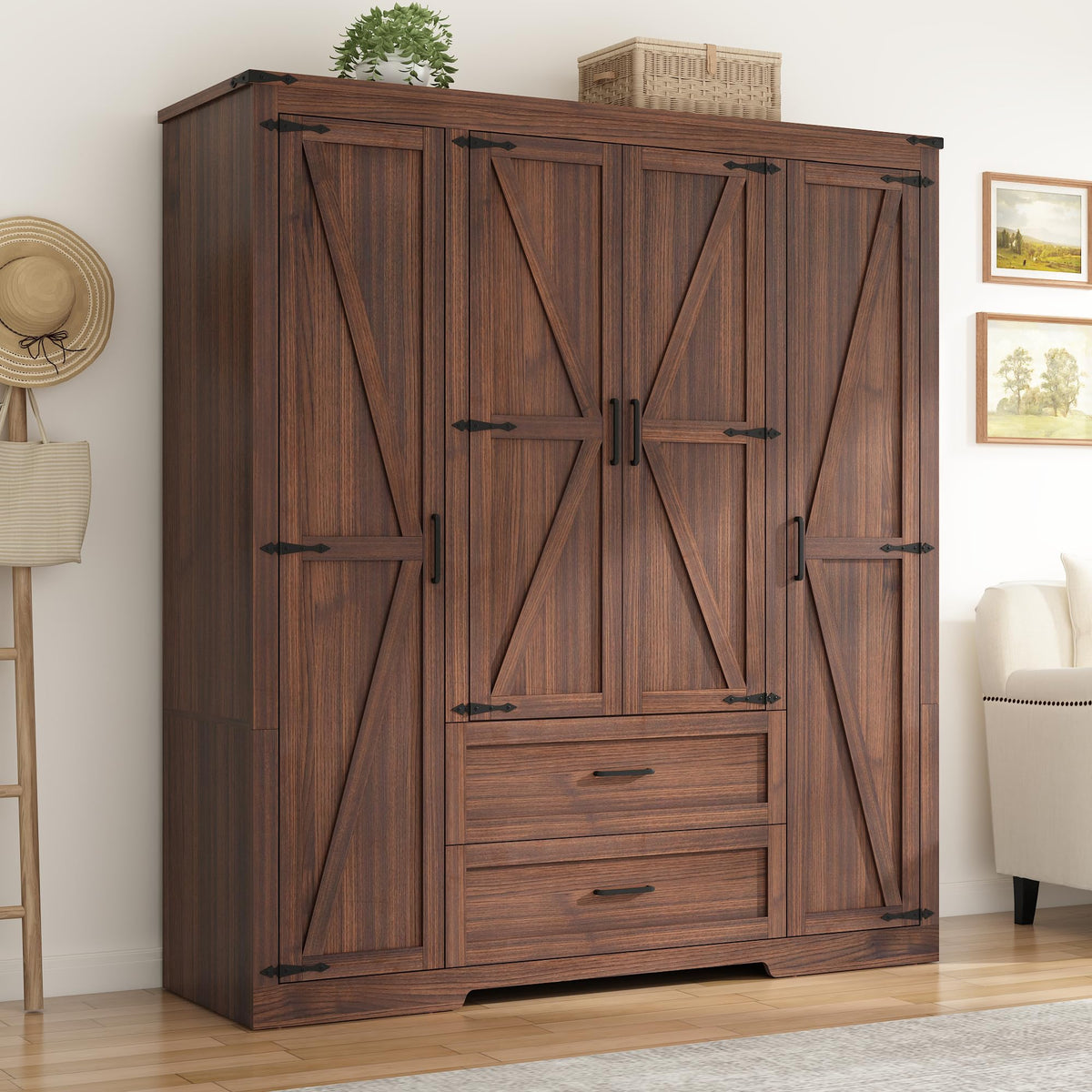St.Mandyu Farmhouse Wardrobe Armoire Closet with 4 Doors and 2 Drawers, 70.1" Wooden Clothing Storage Cabinet, Freestanding Large Capacity Storage Wardrobe Armoire with Hanging Rod for Bedroom, Grey
