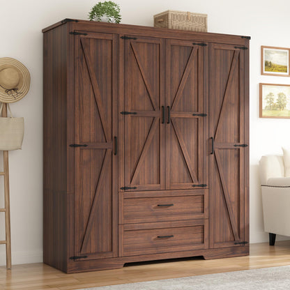 St.Mandyu Farmhouse Wardrobe Armoire Closet with 4 Doors and 2 Drawers, 70.1" Wooden Clothing Storage Cabinet, Freestanding Large Capacity Storage Wardrobe Armoire with Hanging Rod for Bedroom, Grey