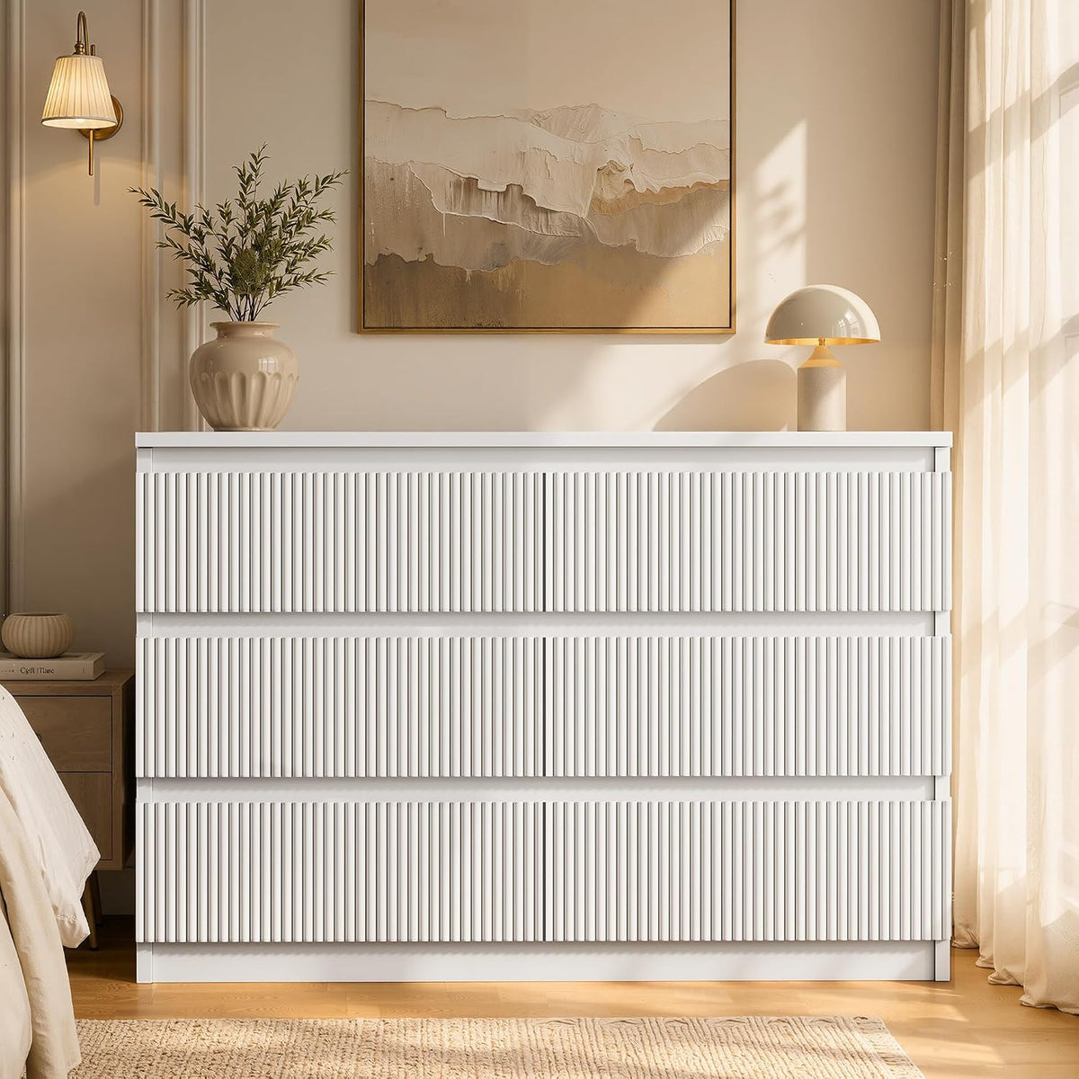 Jocoevol 6 Drawer Fluted Dresser, Modern Chest of Drawers for Bedroom with Hidden Handles, Wood Storage Organizer Cabinet for Living Room & Entryway, White (15.7" D x 47.3" W x 31.6" H)