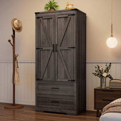St.Mandyu Farmhouse Wardrobe Armoire Closet with 4 Doors and 2 Drawers, 70.1" Wooden Clothing Storage Cabinet, Freestanding Large Capacity Storage Wardrobe Armoire with Hanging Rod for Bedroom, Grey