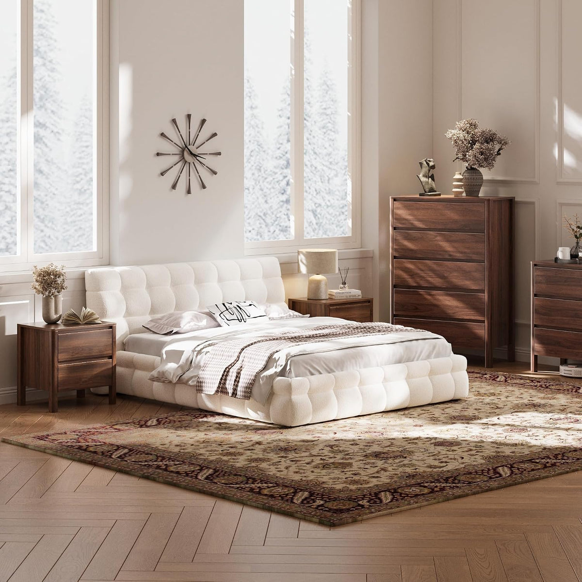 MAISONARIA Walnut Nightstands Set of 2, Mid Century Modern Bedside Table with Hidden Handles and Wood Legs, Wooden End Table with 2 Drawers for Bedroom