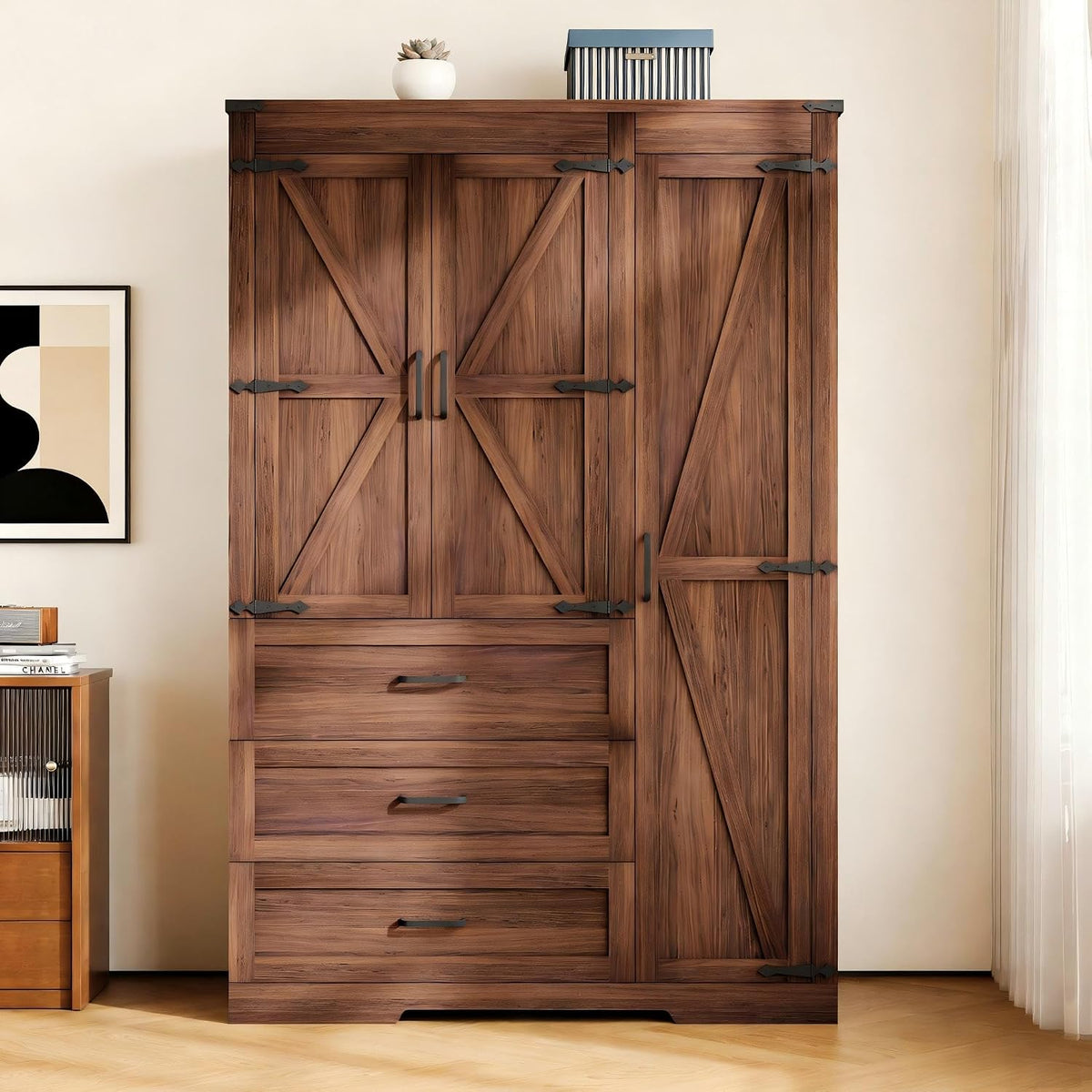 Farmhouse Wooden Armoire Storage Cabinet with Adjustable Shelves & Hanging Rod, 3 Doors Wardrobe Armoire Closet with Drawers, 70" Freestanding Clothing Storage Cabinet for Bedroom, Brown
