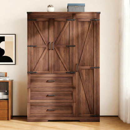 Farmhouse Wooden Armoire Storage Cabinet with Adjustable Shelves & Hanging Rod, 3 Doors Wardrobe Armoire Closet with Drawers, 70" Freestanding Clothing Storage Cabinet for Bedroom, Brown