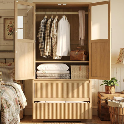 IDEALHOUSE 2 Fluted Drawer Armoire Wardrobe Closet with Glass Door, Farmhouse Freestanding Wooden Armoire Closet w/Hanging Rod, Storage Shelf, Clothing Storage Cabinet, Sturdy, for Bedroom, Natural