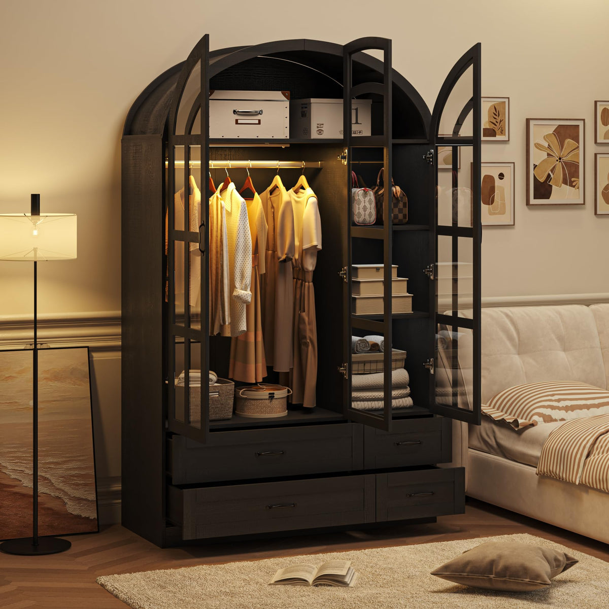 Squireewo 75" Arched Armoire Wardrobe Closet with Motion Sensor LED Light, 4 Windowpane Glass Doors and 4 Drawers, Large Wood Bedroom Storage Cabinet, Clothing Organizer with Anti-Tip Kit, Black
