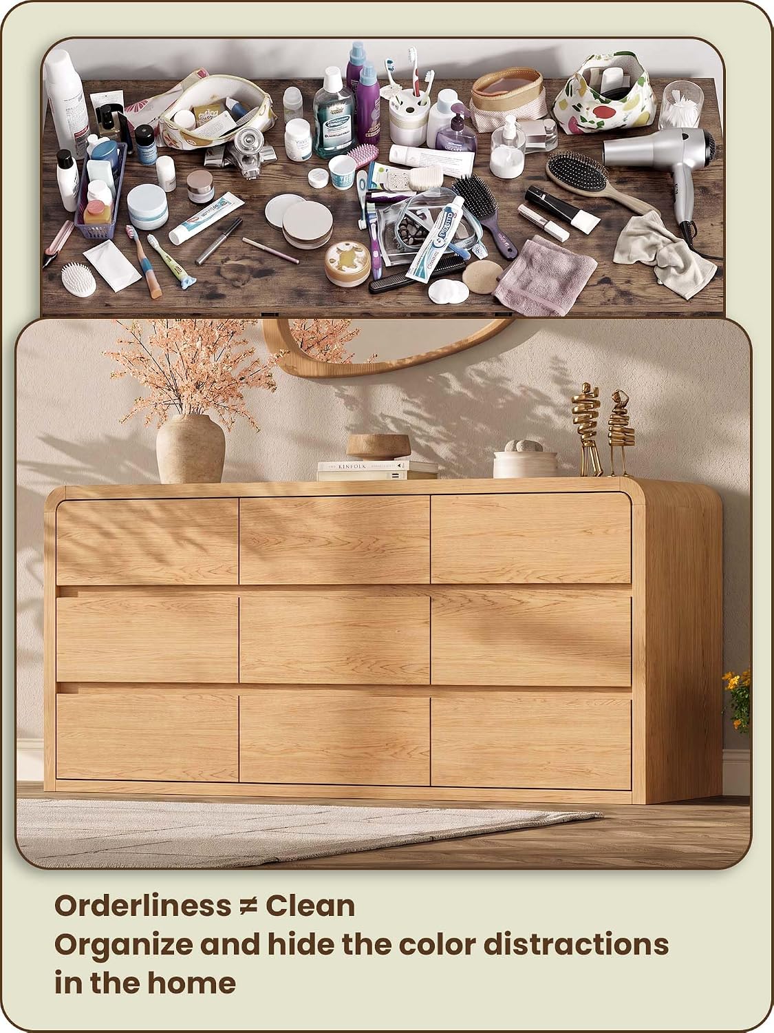 Modern 63" Wide 9 Drawers Dresser with Curved Profile Design,Oak