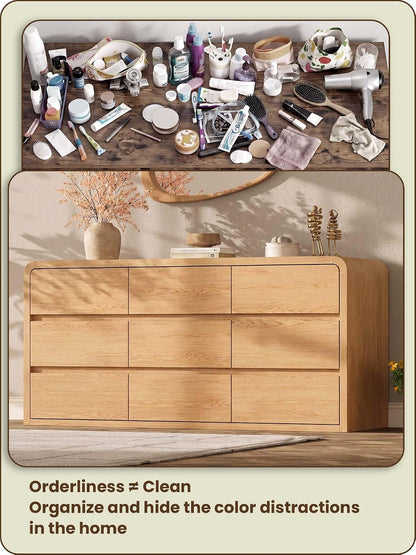 Modern 63" Wide 9 Drawers Dresser with Curved Profile Design,Oak
