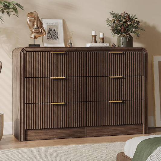 Decofy 47" W Fluted 6-Drawer Dresser for Bedroom, Walnut