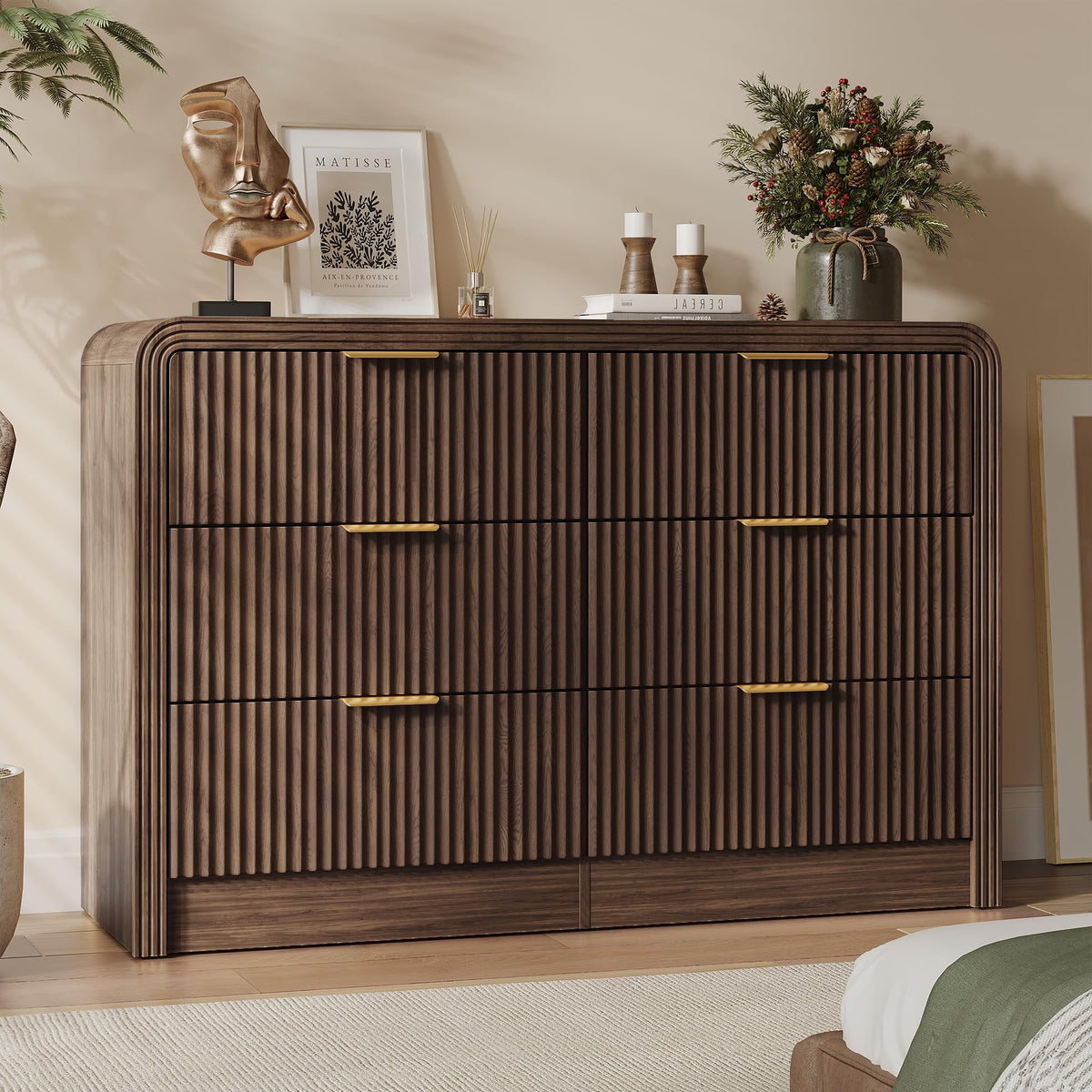 Decofy 47" W Fluted 6-Drawer Dresser for Bedroom, Walnut