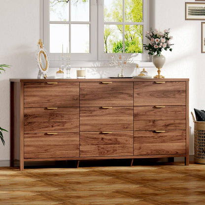 Ieejdn Dresser for Bedroom with 9 Drawers, 63" Modern Chest of Drawers, Dresser TV Stand, Wood Drawer Organizer for Living Room, Hallway, Tan