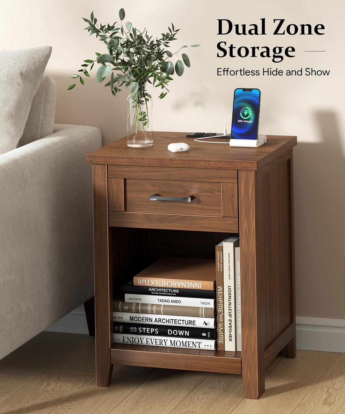 Decofy Farmhouse Nightstand Set of 2 with Charging Station, Walnut