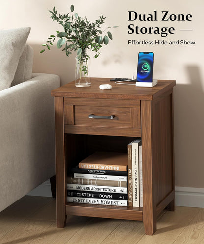Decofy Farmhouse Nightstand Set of 2 with Charging Station, Walnut