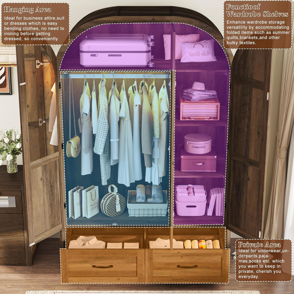 Squireewo 3 Doors Armoire Wardrobe Closet with Mirror and Lights, 71" Farmhouse Arched Wooden Wardrobe Cabinet with 2 Drawers,Hanging Rod, Clothing Storage Closet Cabinet for Bedroom,Light Rustic Oak