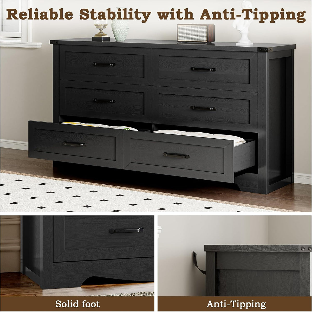 BORNOON 6-Drawer Dresser for Bedroom, Modern Wooden Chest of Drawers with Metal Handles, Anti-Tipping Design, Sturdy and Stable Storage Organizer for Living Room, Entryway, Home Office