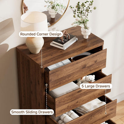 Walnut Dresser for Bedroom, 5 Drawer Dresser with Wood Legs, 47.2" Tall Wood Dresser, Mid Century Modern Chest of Drawers, Large Storage Bedroom Furniture, Walnut
