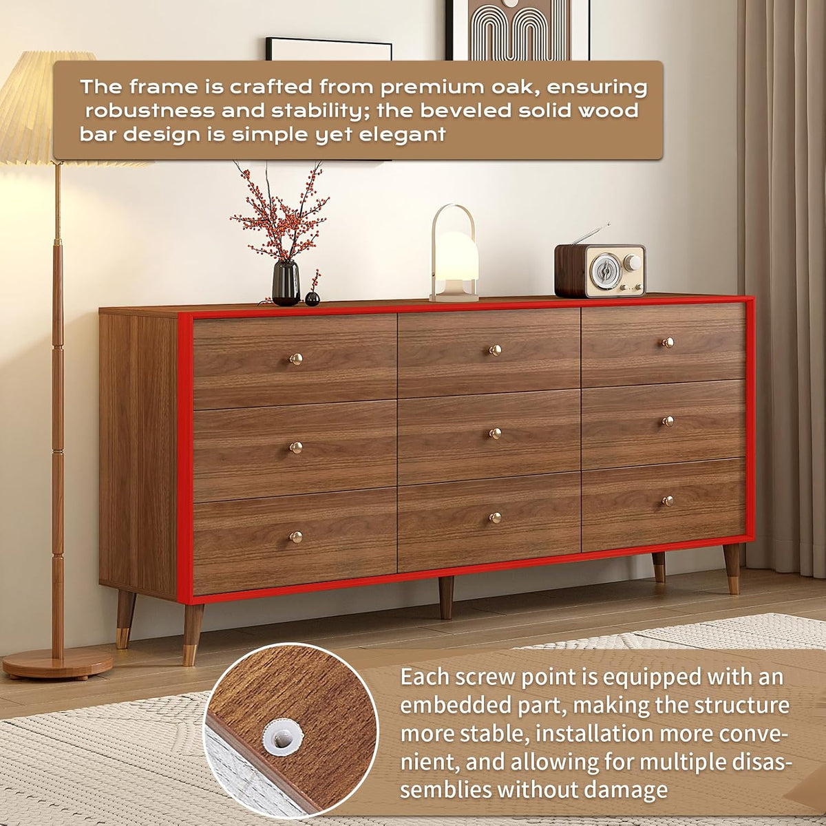 Mid Century Modern 9-Drawer Dresser, 63 Inch Solid Wood Frame Chest, Walnut