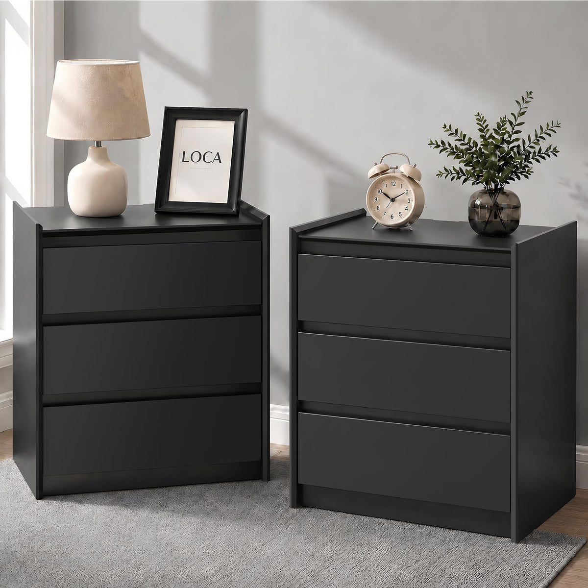 Black Nightstand with Charging Station, 24"H, 2 Drawers & Shelf