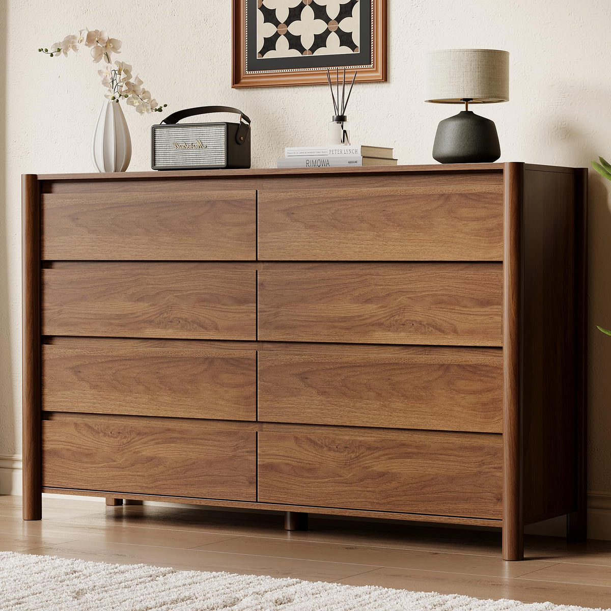 HOUROM Walnut Dresser for Bedroom,63"Wide 9 Drawer Mid Century Modern Chest