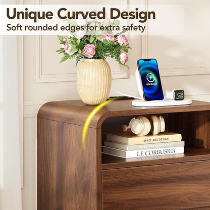 Decofy Nightstand Set of 2 with Charging Station & 2 Hidden Drawers, Walnut